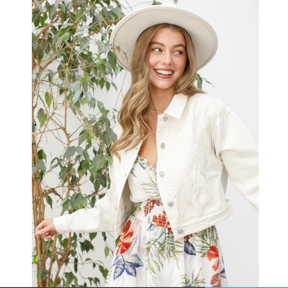 Blue B Chevron Fringe White Denim Jacket - Picture 2 of 5